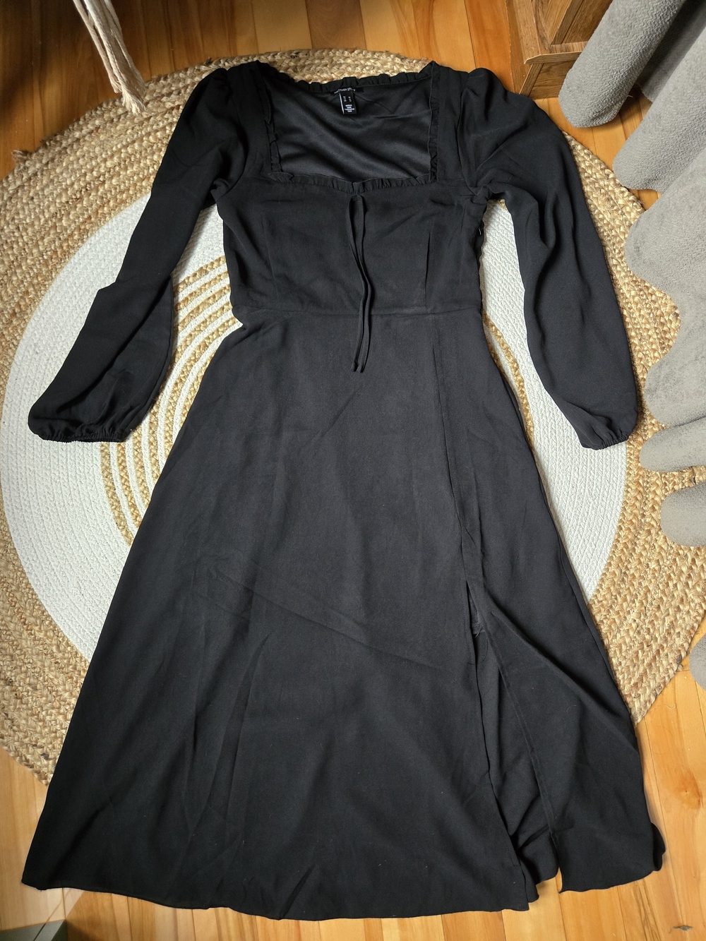Elegant Black Square-Neck Midi Dress Sheer Long Sleeves Whimsigoth Cottagecore